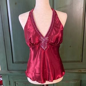 Halo Cranberry Sequined Satin Halter-style Top Size M